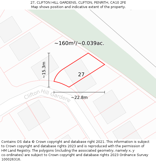 27, CLIFTON HILL GARDENS, CLIFTON, PENRITH, CA10 2FE: Plot and title map