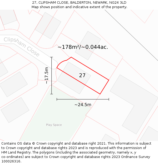 27, CLIPSHAM CLOSE, BALDERTON, NEWARK, NG24 3LD: Plot and title map