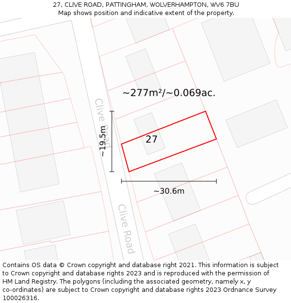 27, CLIVE ROAD, PATTINGHAM, WOLVERHAMPTON, WV6 7BU: Plot and title map