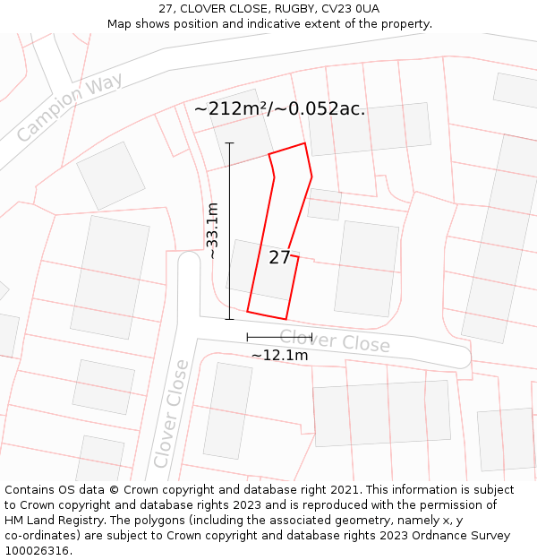 27, CLOVER CLOSE, RUGBY, CV23 0UA: Plot and title map