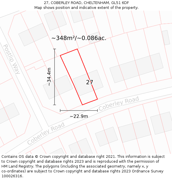 27, COBERLEY ROAD, CHELTENHAM, GL51 6DF: Plot and title map