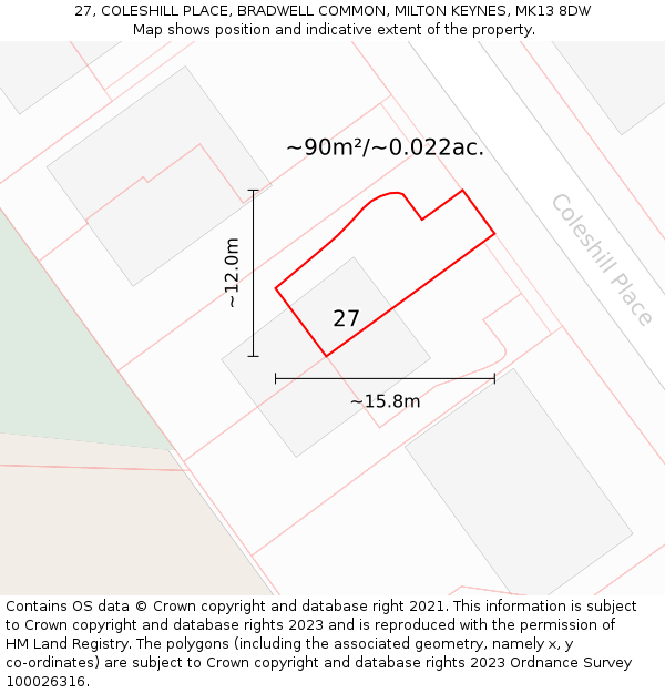 27, COLESHILL PLACE, BRADWELL COMMON, MILTON KEYNES, MK13 8DW: Plot and title map