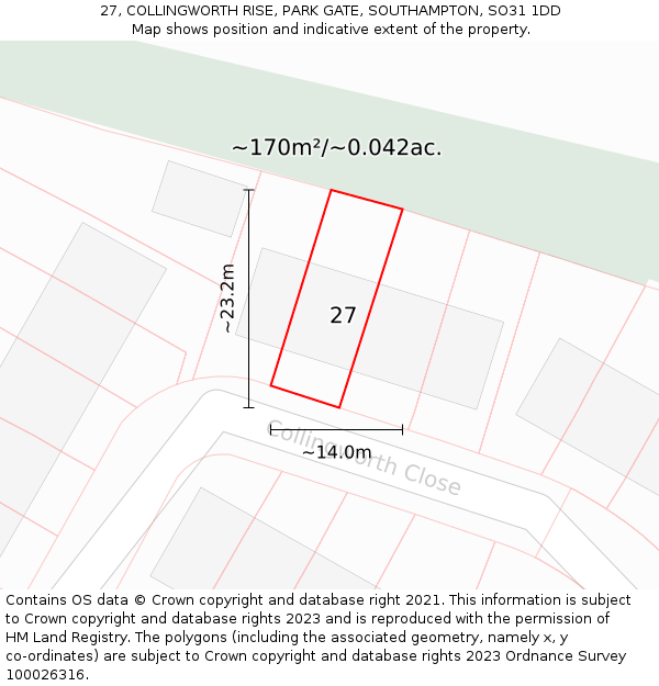 27, COLLINGWORTH RISE, PARK GATE, SOUTHAMPTON, SO31 1DD: Plot and title map