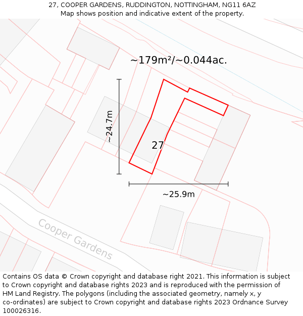 27, COOPER GARDENS, RUDDINGTON, NOTTINGHAM, NG11 6AZ: Plot and title map