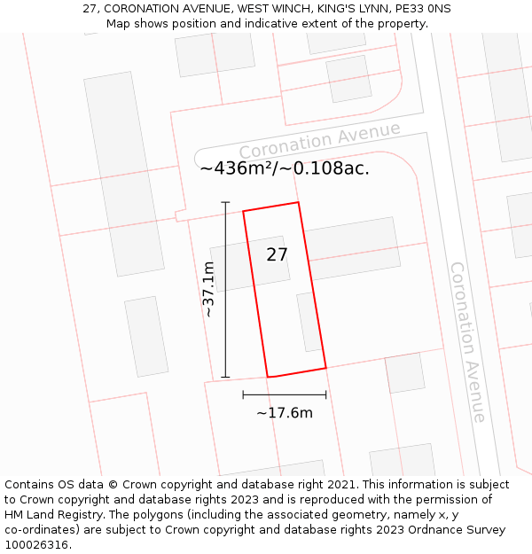 27, CORONATION AVENUE, WEST WINCH, KING'S LYNN, PE33 0NS: Plot and title map