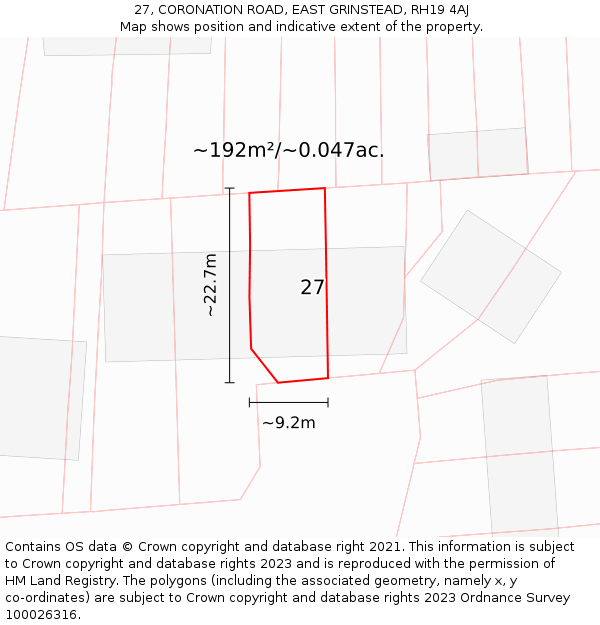 27, CORONATION ROAD, EAST GRINSTEAD, RH19 4AJ: Plot and title map