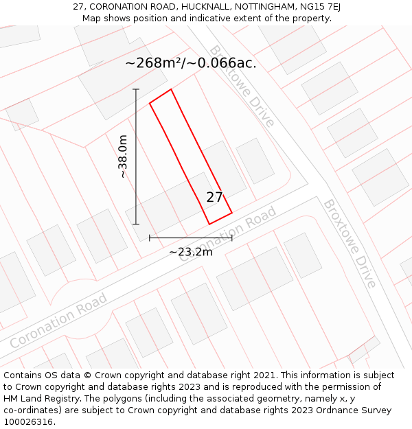 27, CORONATION ROAD, HUCKNALL, NOTTINGHAM, NG15 7EJ: Plot and title map