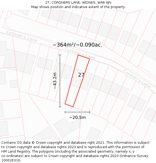 27, CORONERS LANE, WIDNES, WA8 9JN: Plot and title map