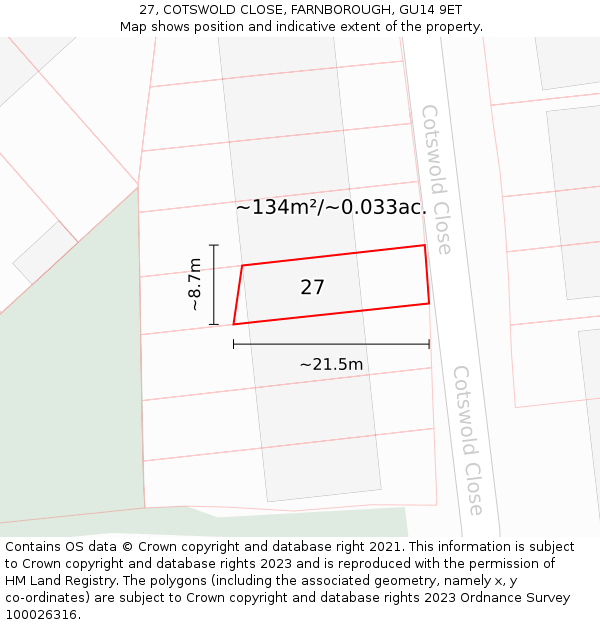 27, COTSWOLD CLOSE, FARNBOROUGH, GU14 9ET: Plot and title map