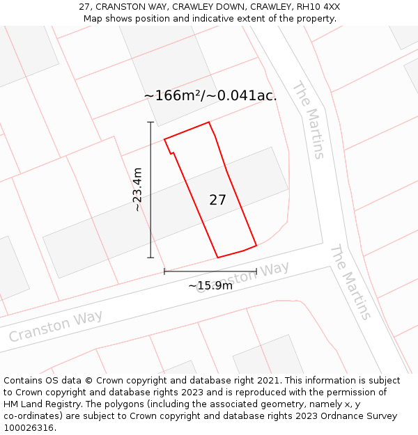 27, CRANSTON WAY, CRAWLEY DOWN, CRAWLEY, RH10 4XX: Plot and title map