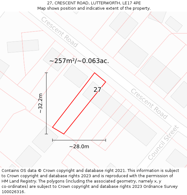 27, CRESCENT ROAD, LUTTERWORTH, LE17 4PE: Plot and title map