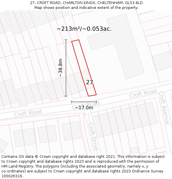 27, CROFT ROAD, CHARLTON KINGS, CHELTENHAM, GL53 8LD: Plot and title map