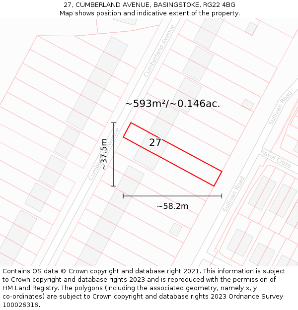 27, CUMBERLAND AVENUE, BASINGSTOKE, RG22 4BG: Plot and title map