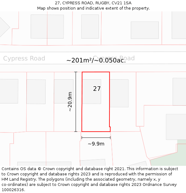 27, CYPRESS ROAD, RUGBY, CV21 1SA: Plot and title map