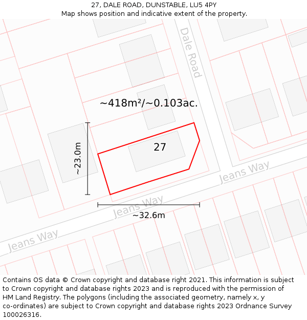 27, DALE ROAD, DUNSTABLE, LU5 4PY: Plot and title map