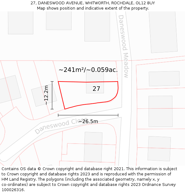 27, DANESWOOD AVENUE, WHITWORTH, ROCHDALE, OL12 8UY: Plot and title map