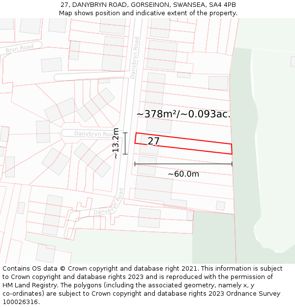 27, DANYBRYN ROAD, GORSEINON, SWANSEA, SA4 4PB: Plot and title map