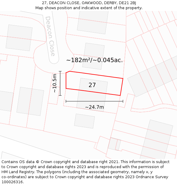 27, DEACON CLOSE, OAKWOOD, DERBY, DE21 2BJ: Plot and title map