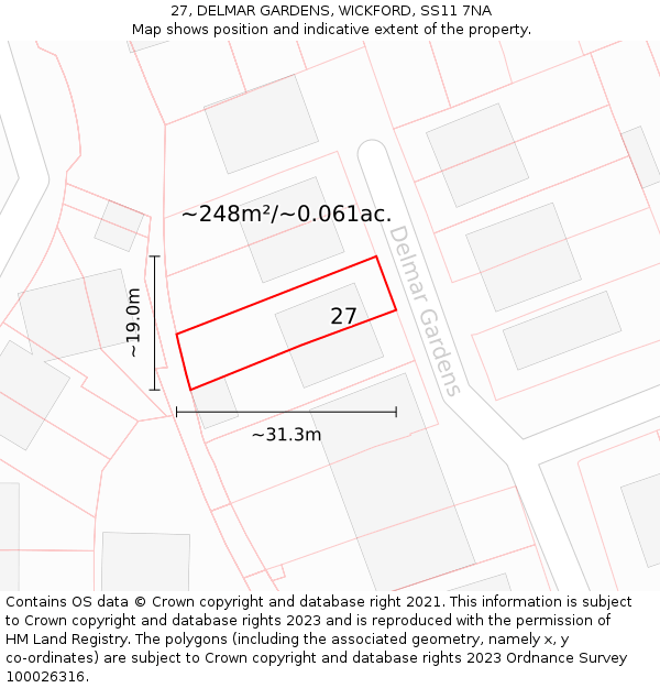 27, DELMAR GARDENS, WICKFORD, SS11 7NA: Plot and title map