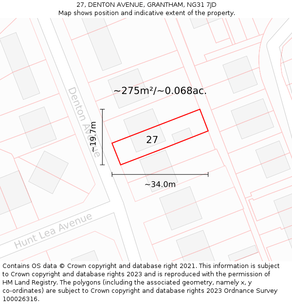 27, DENTON AVENUE, GRANTHAM, NG31 7JD: Plot and title map