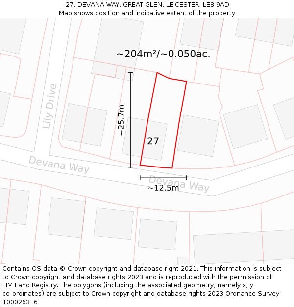 27, DEVANA WAY, GREAT GLEN, LEICESTER, LE8 9AD: Plot and title map