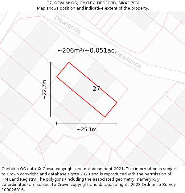 27, DEWLANDS, OAKLEY, BEDFORD, MK43 7RN: Plot and title map