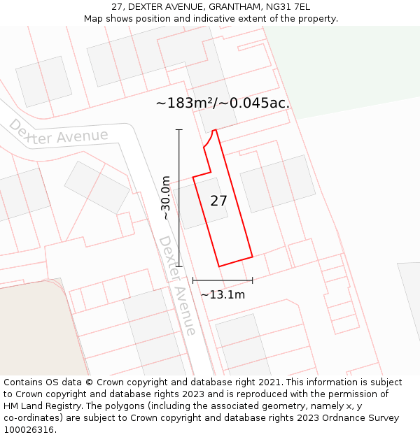 27, DEXTER AVENUE, GRANTHAM, NG31 7EL: Plot and title map