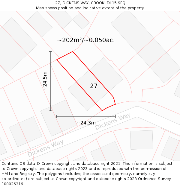 27, DICKENS WAY, CROOK, DL15 9FQ: Plot and title map