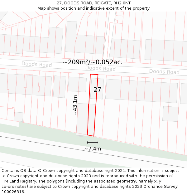 27, DOODS ROAD, REIGATE, RH2 0NT: Plot and title map