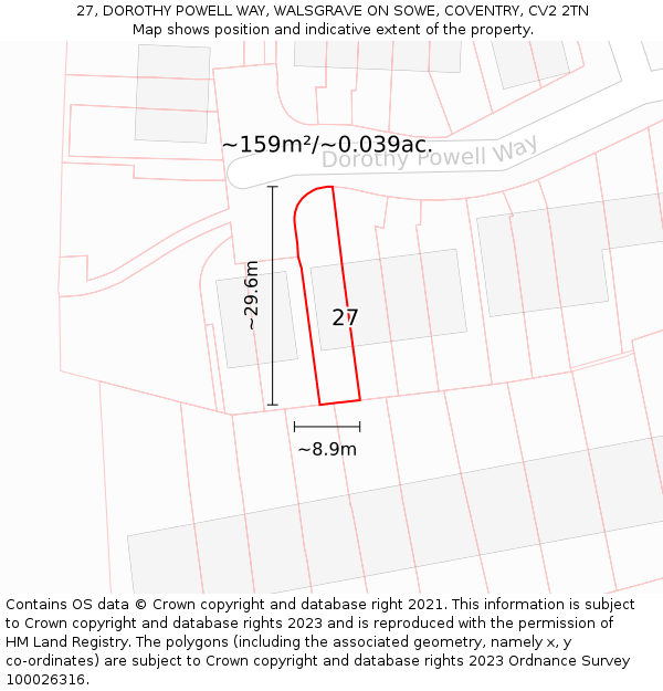 27, DOROTHY POWELL WAY, WALSGRAVE ON SOWE, COVENTRY, CV2 2TN: Plot and title map