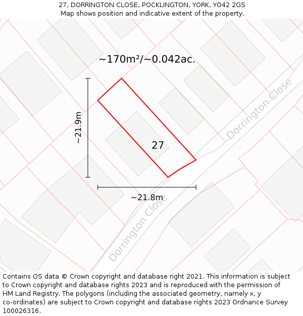 27, DORRINGTON CLOSE, POCKLINGTON, YORK, YO42 2GS: Plot and title map