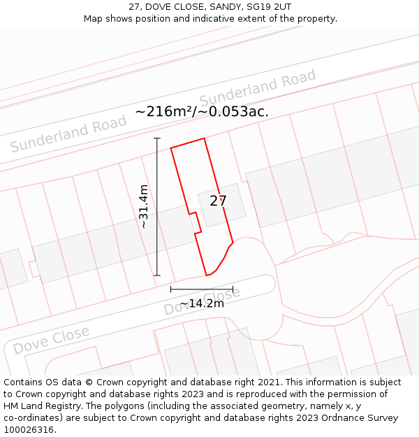 27, DOVE CLOSE, SANDY, SG19 2UT: Plot and title map