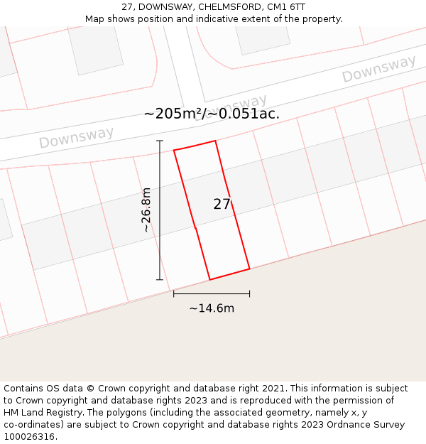 27, DOWNSWAY, CHELMSFORD, CM1 6TT: Plot and title map