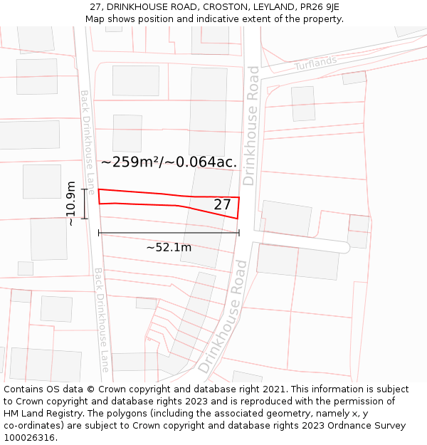 27, DRINKHOUSE ROAD, CROSTON, LEYLAND, PR26 9JE: Plot and title map