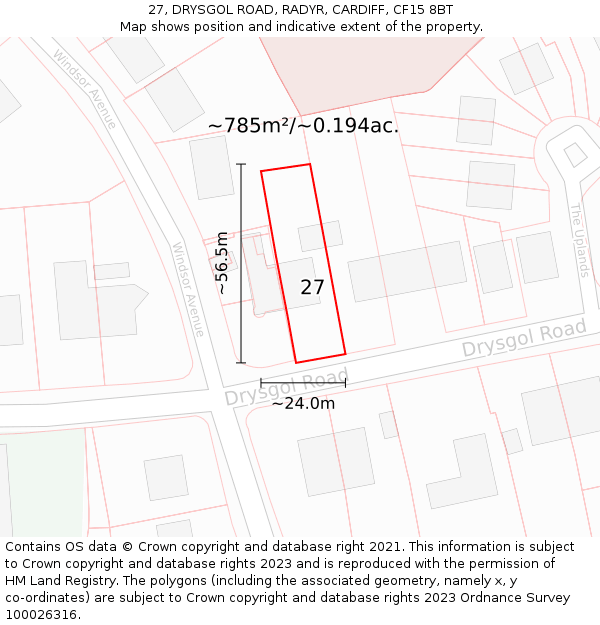 27, DRYSGOL ROAD, RADYR, CARDIFF, CF15 8BT: Plot and title map