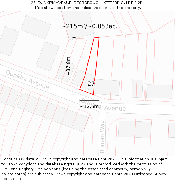 27, DUNKIRK AVENUE, DESBOROUGH, KETTERING, NN14 2PL: Plot and title map