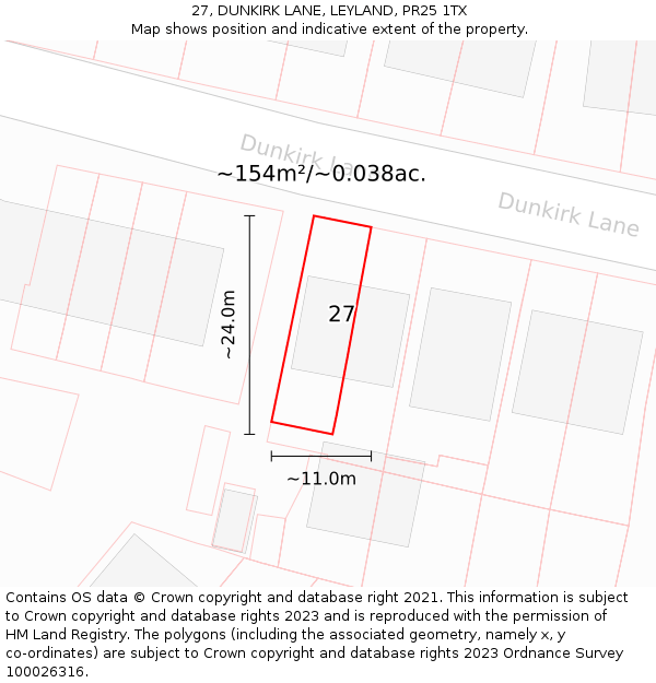 27, DUNKIRK LANE, LEYLAND, PR25 1TX: Plot and title map