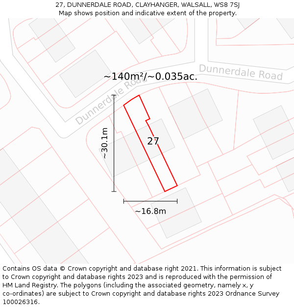 27, DUNNERDALE ROAD, CLAYHANGER, WALSALL, WS8 7SJ: Plot and title map