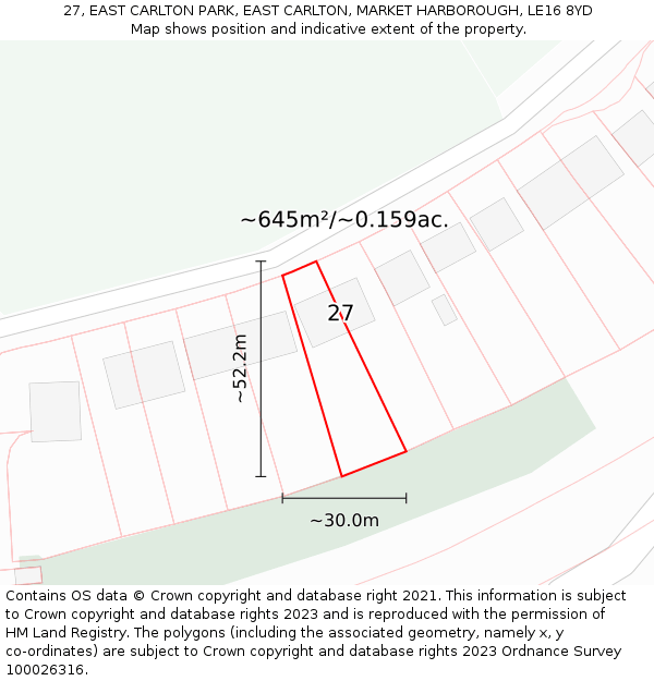 27, EAST CARLTON PARK, EAST CARLTON, MARKET HARBOROUGH, LE16 8YD: Plot and title map