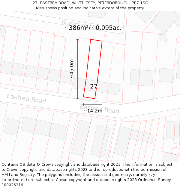 27, EASTREA ROAD, WHITTLESEY, PETERBOROUGH, PE7 1SG: Plot and title map