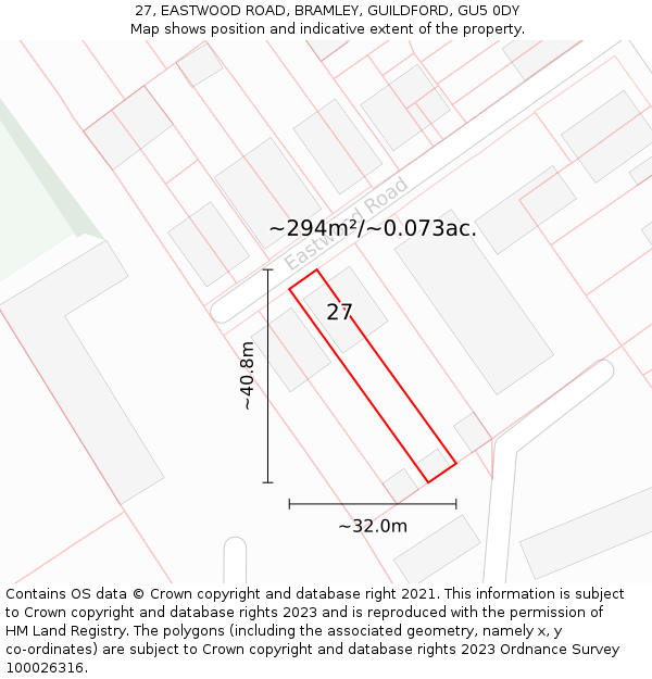 27, EASTWOOD ROAD, BRAMLEY, GUILDFORD, GU5 0DY: Plot and title map