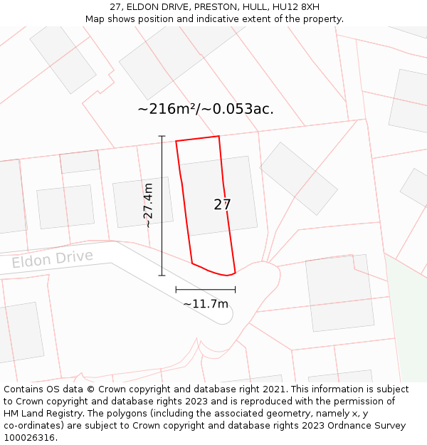 27, ELDON DRIVE, PRESTON, HULL, HU12 8XH: Plot and title map