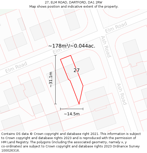 27, ELM ROAD, DARTFORD, DA1 2RW: Plot and title map