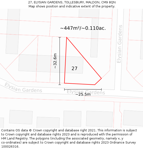 27, ELYSIAN GARDENS, TOLLESBURY, MALDON, CM9 8QN: Plot and title map