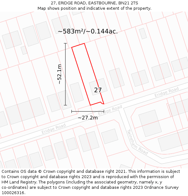 27, ERIDGE ROAD, EASTBOURNE, BN21 2TS: Plot and title map