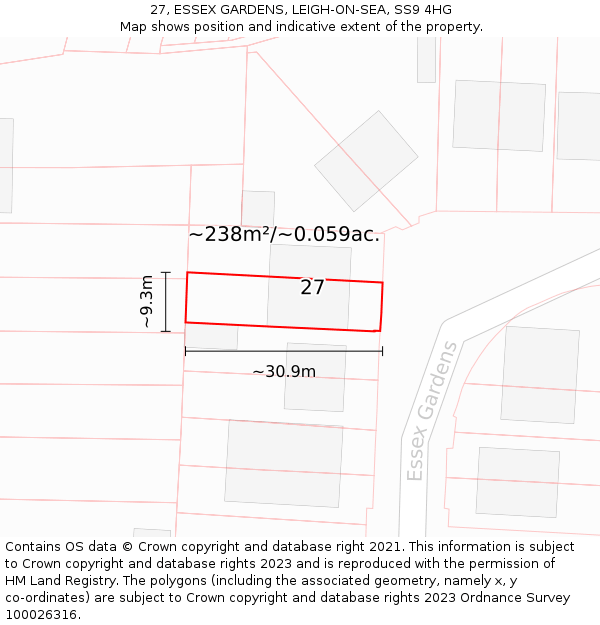 27, ESSEX GARDENS, LEIGH-ON-SEA, SS9 4HG: Plot and title map