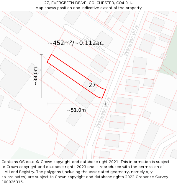 27, EVERGREEN DRIVE, COLCHESTER, CO4 0HU: Plot and title map