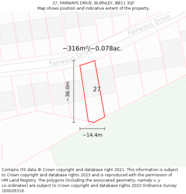 27, FAIRWAYS DRIVE, BURNLEY, BB11 3QF: Plot and title map