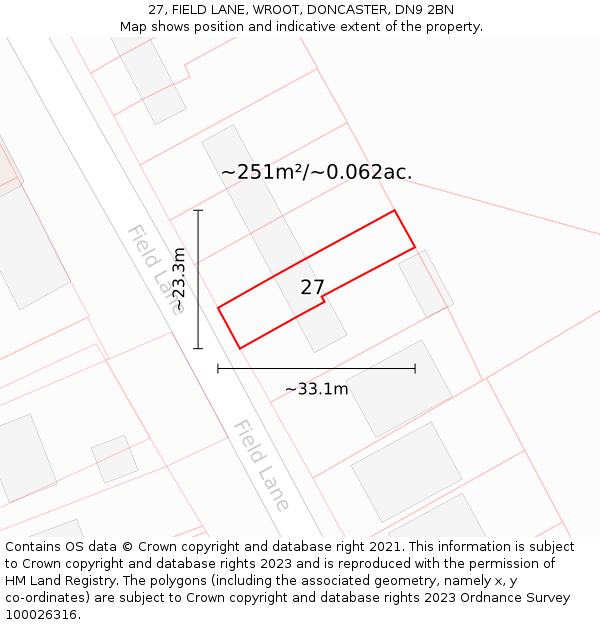 27, FIELD LANE, WROOT, DONCASTER, DN9 2BN: Plot and title map