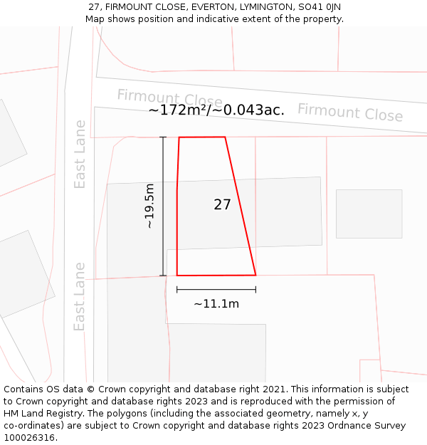 27, FIRMOUNT CLOSE, EVERTON, LYMINGTON, SO41 0JN: Plot and title map